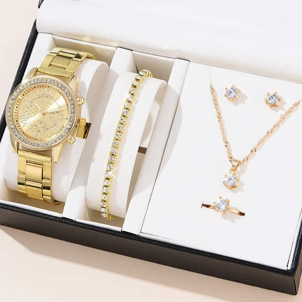 Women Quartz Watch Luxury with Diamonds Simple Stainless Steel Strap Clock Ring Necklace Earrings Rhinestone Set Reloj (no Box) Qme J3