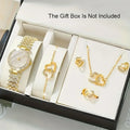 6pcs/set Women's Shiny Rhinestone Quartz Watch Analog Stainless Steel Band Wrist Watch & Heart Jewelry Set, Gift For Mom Her Qme Bronze