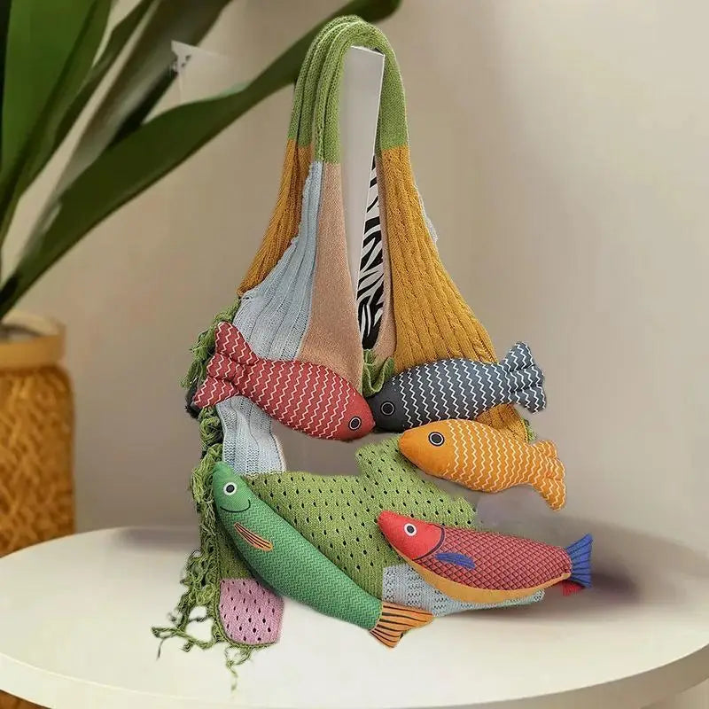 Creative Tassel Knitted Splicing Shoulder Bag Cute Little Fish Tote Qme