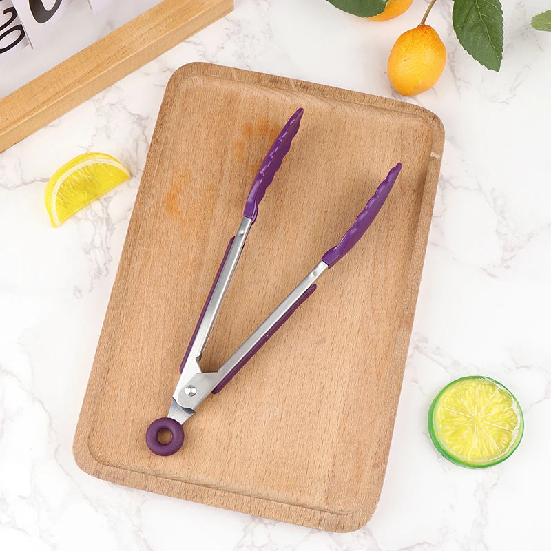 Stainless Steel Food Clip BBQ Grill Steak Non-slip Handle Bread Tong Qme Purple