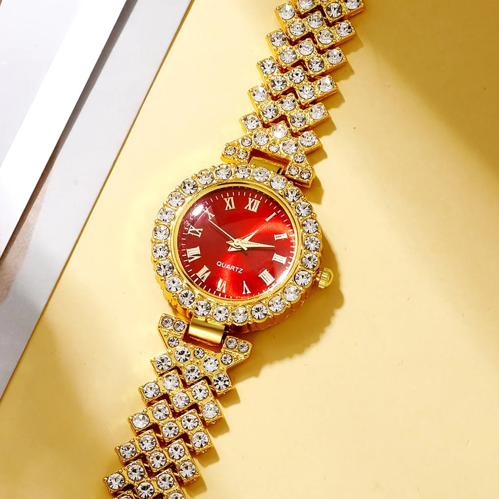 5Pcs Romantic Red Heart Rhinestone Ladies Watch Jewelry Gift Set Qme