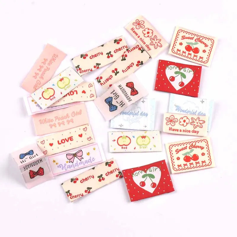 20pcs 18-53mm Assorted Cute Cherry Peach Fabric Labels, Handmade Sew On Tags for DIY Clothes Bags Crafts cp4301 Qme