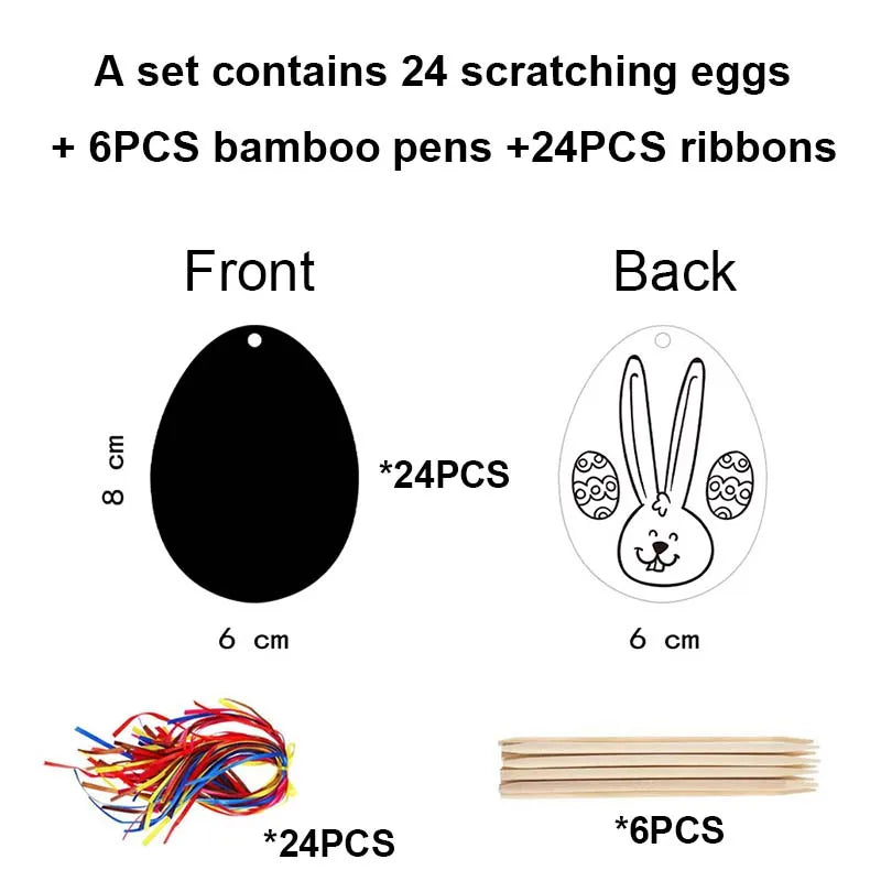 24pcs Creative Children Scratching Easter Egg Hanging Art Decorations Colorful Bunny Painting Drawing DIY Toys Easter Gift c3602 Qme