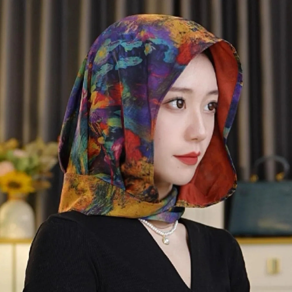Headkerchief Elegant Printed Turban Hat Painting Cotton Linen Loom Silk Scarf Hat Sunscreen Polyester Women's Headscarf Beach Qme Style1