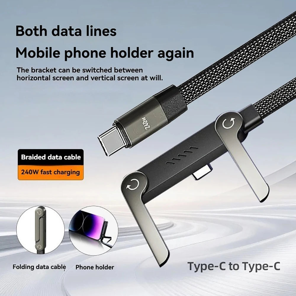 USB C to Type C 240W 2 IN 1 Cable Foldable Holder Data Cord Fast Charging Braided Elbow PD Wire For iPhone 17 16 Samsung Xiaomi Qme
