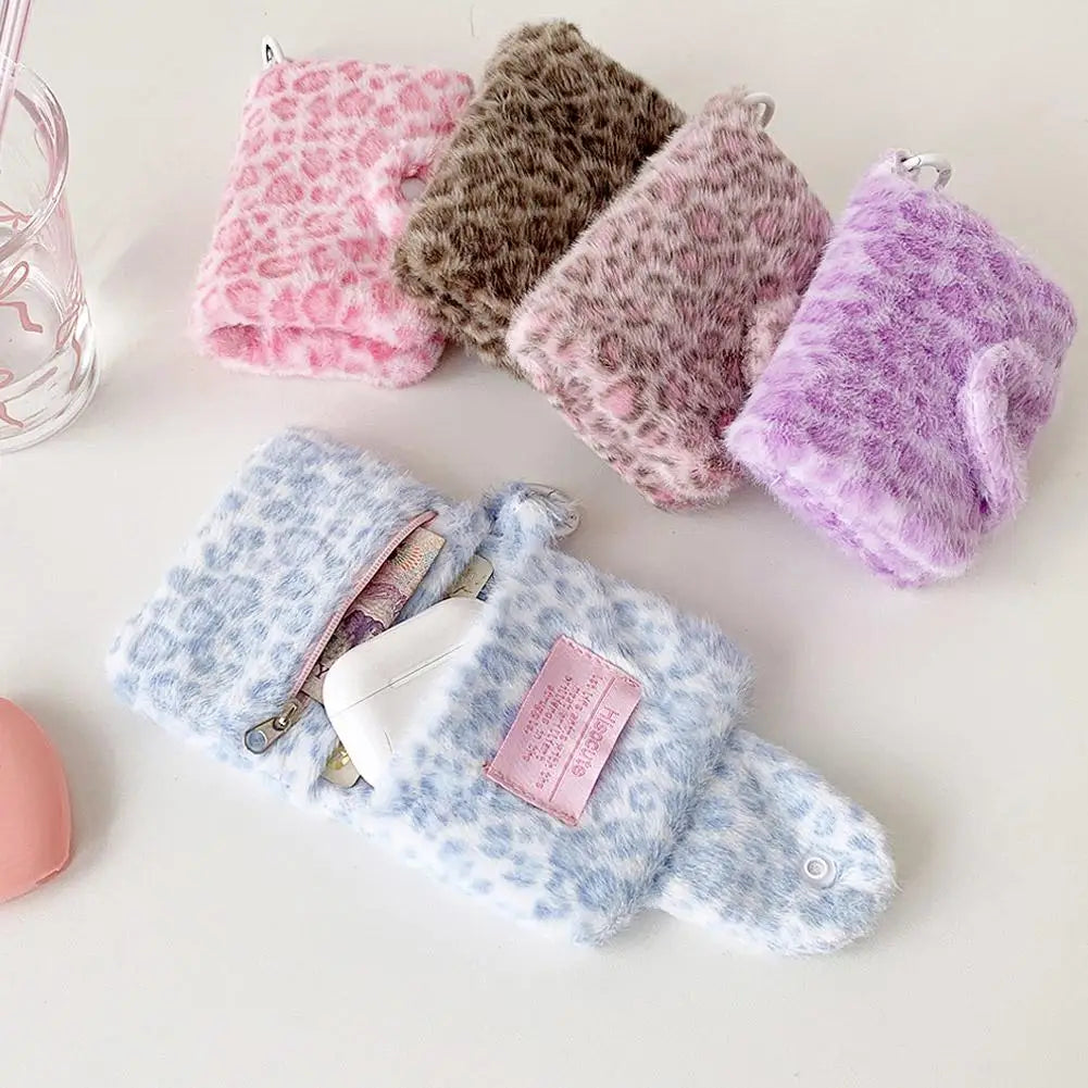 Leopard Print Coin Purse Plush Snap Closure Mini Wallet for Girls Portable ID Card Holder Coin Bag Small Clutch Pocket Wallet Qme