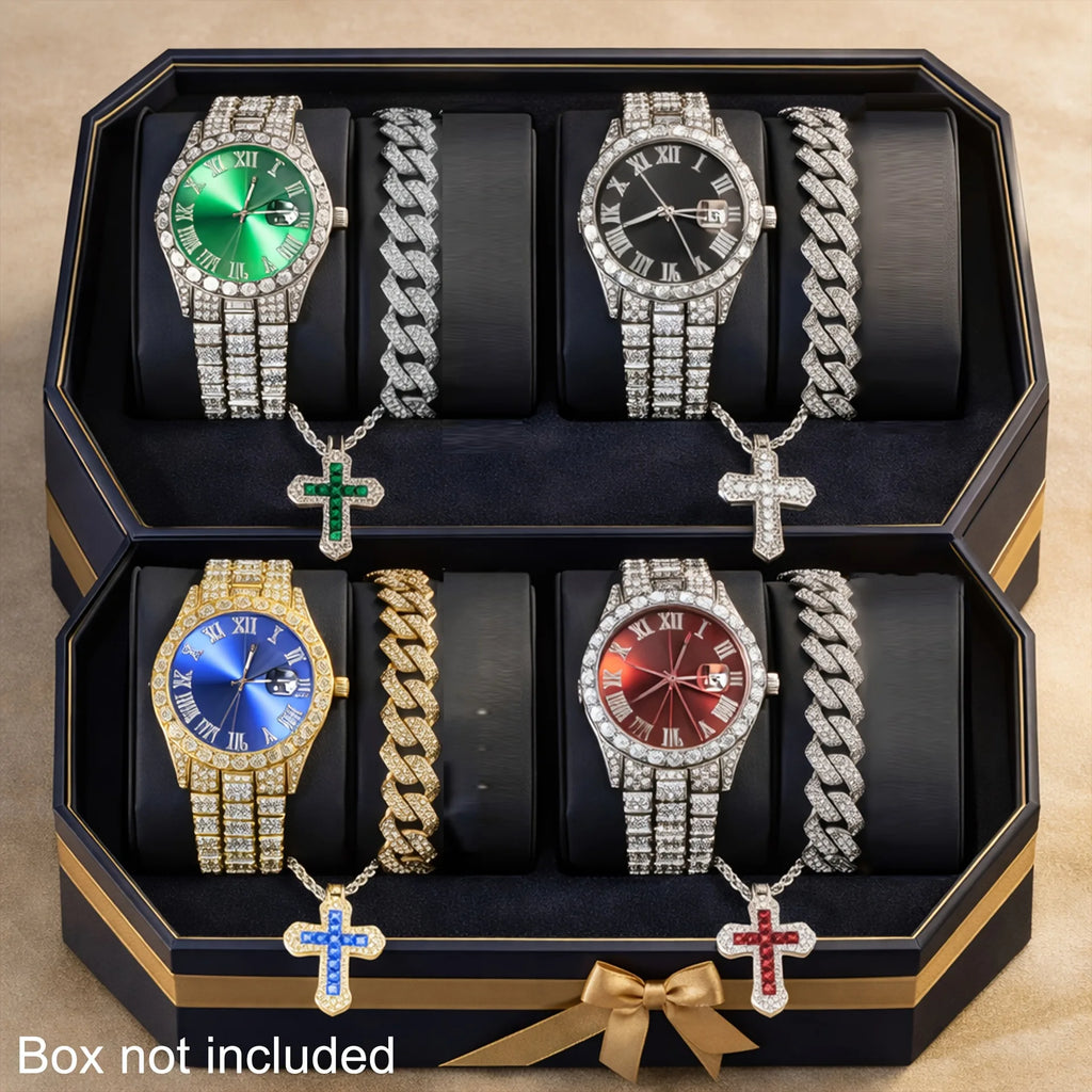 3-in-1 Men's Bling Jewelry Set: Iced Out Watch + Cuban Bracelet + Cross Pendant Necklace, Silver Tone Hip Hop Set Qme