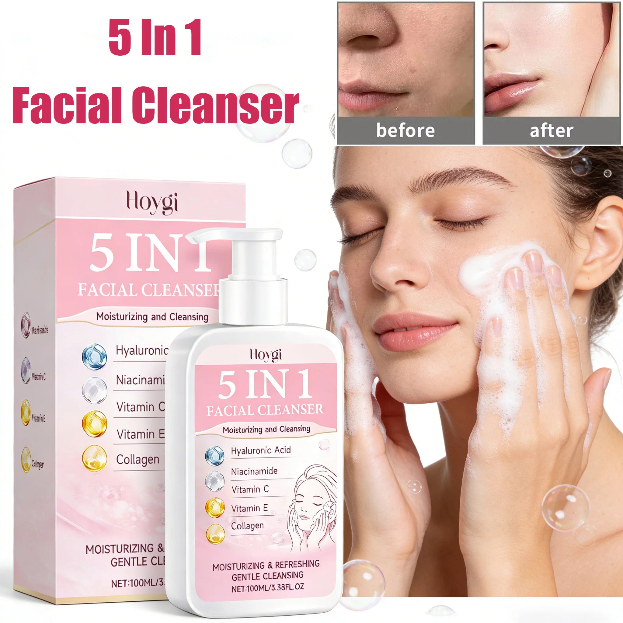 5 in 1 Moisturizing Facial Cleanser Refreshed Cleansing Makeup Remover Brightening Hydrating Light Texture Rich Foam Cleanser Qme