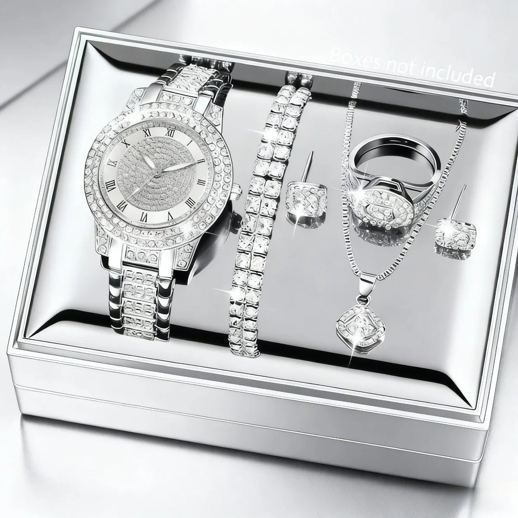 Ladies' Watch Set, 7-piece Set, Fashionable New Ladies' Elegant Quartz Watch, Creative Water Diamond Inlaid Design Jewelry Set Qme Silver