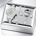 Ladies' Watch Set, 7-piece Set, Fashionable New Ladies' Elegant Quartz Watch, Creative Water Diamond Inlaid Design Jewelry Set Qme Silver