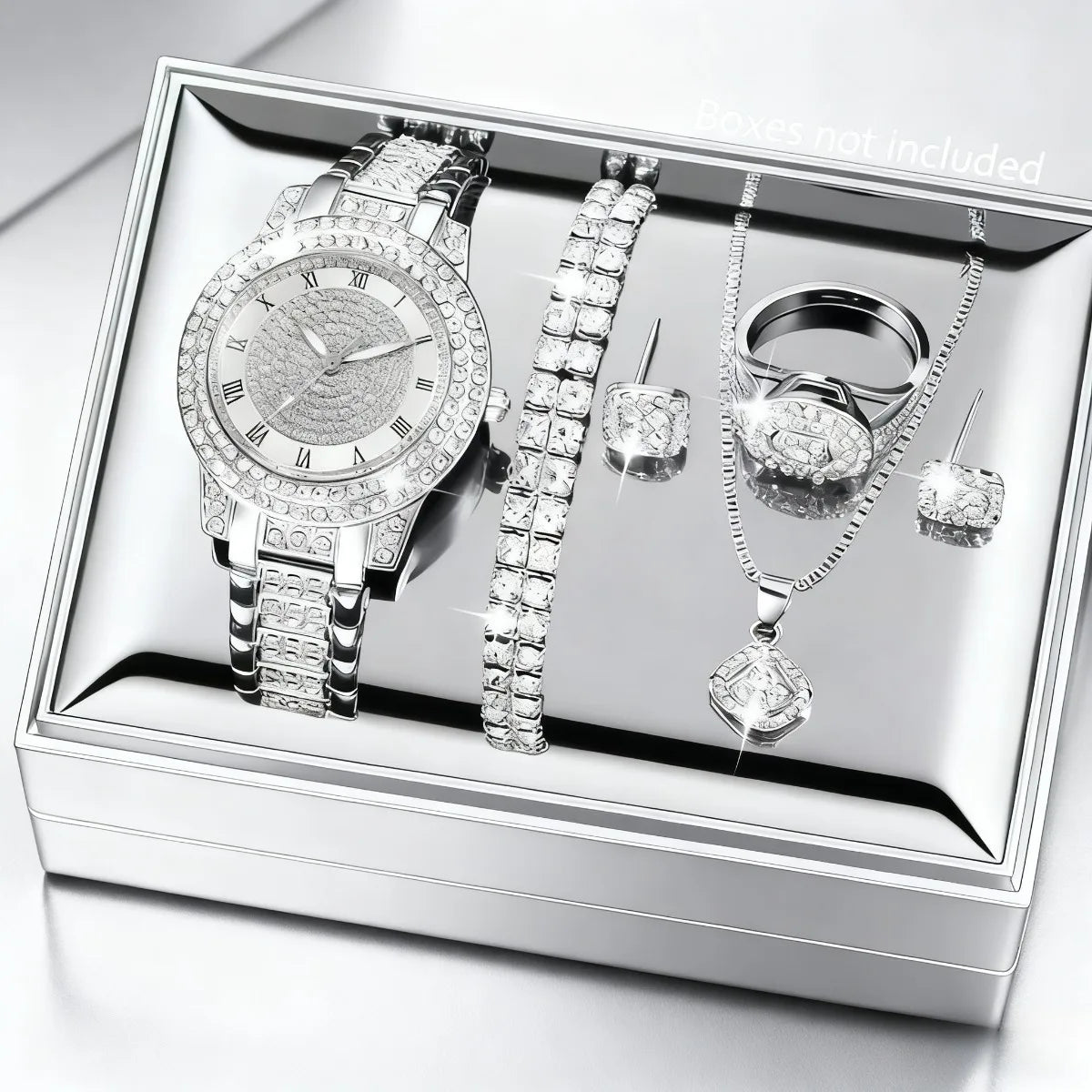 Ladies' Watch Set, 7-piece Set, Fashionable New Ladies' Elegant Quartz Watch, Creative Water Diamond Inlaid Design Jewelry Set Qme Silver