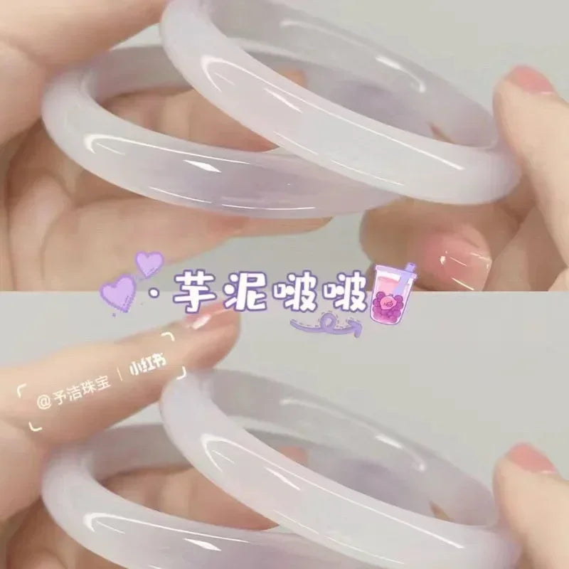 Beautiful Guifei Round Strip Thick Glass Anti Jade Ice Penetrating Bangle Bracelet Ancient Palace Hanfu Jewelry Accessories Qme Purple White 58-62mm