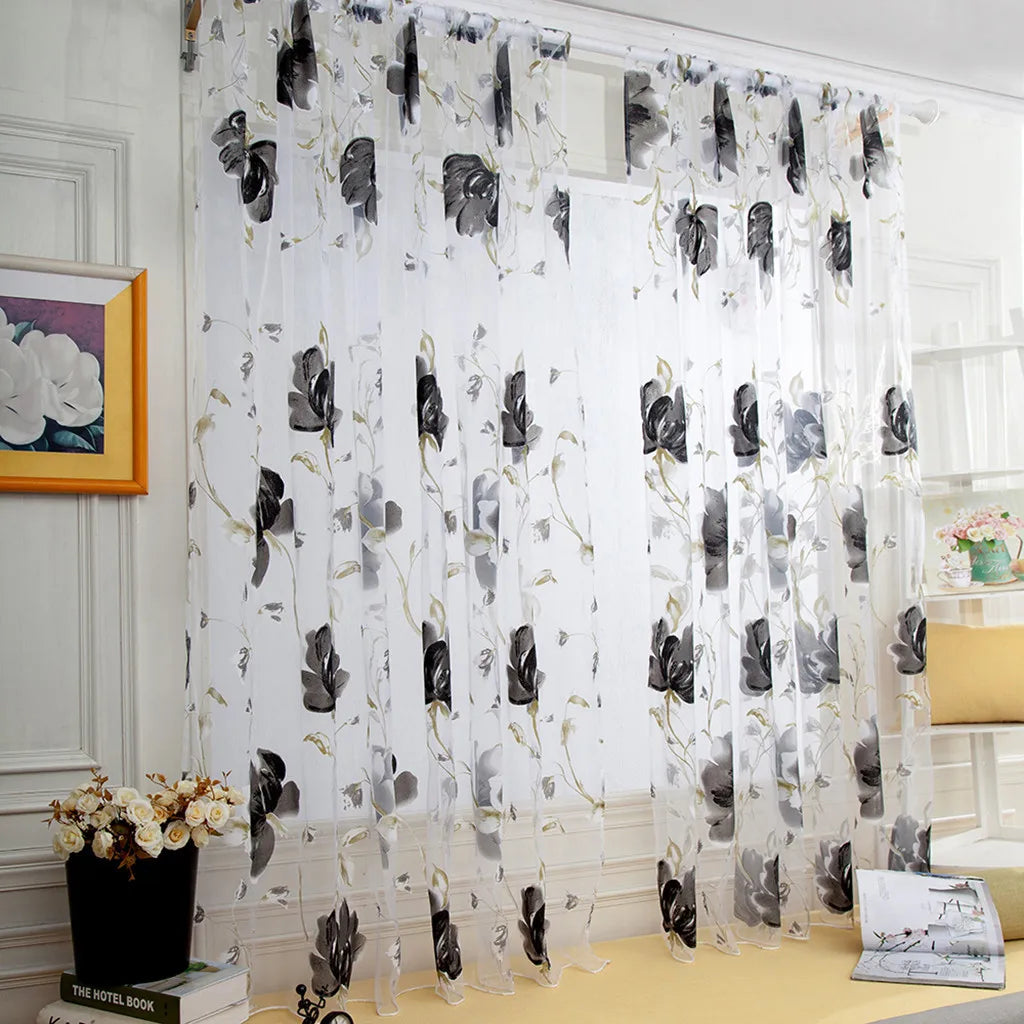 1/2 PCS Vines Leaves Tulle Door Window Curtain Drape Panel Sheer Scarf Valances Colorful Floral Pattern Transparent Curtains Qme Black