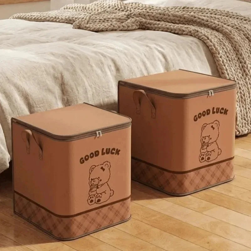 Portable Household Moving Foldable Storage Bag Large Capacity Quilt Dustproof Storage Bag Cute Bear Pattern Clothes Storage Box Qme
