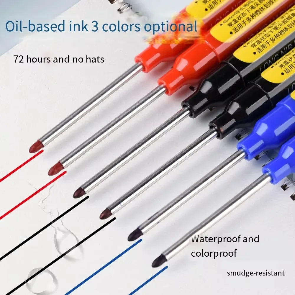 45mm Waterproof Deep Hole Marker Pens Long Nib Head Carpenter Pen Black/Blue/Red Ink for Multi-Purpose Woodworking Hand Tools Qme