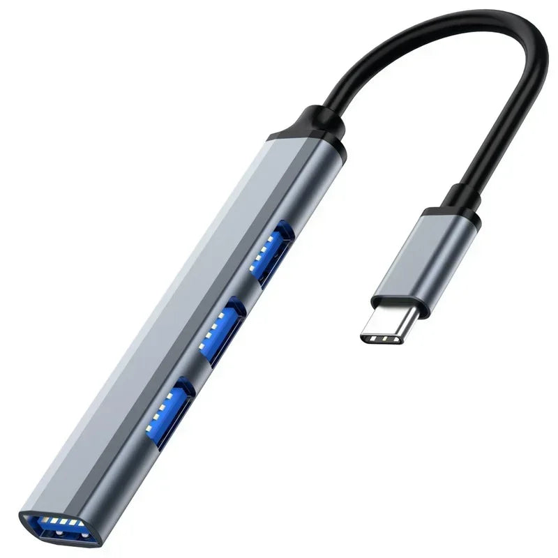4 Ports USB 3.0 Hub Mini Aluminum Alloy Quick Charger Adapter Splitter Portable 5Gbps Power Supply HUB for Laptop Mouse USB Hub Qme Type-c grey