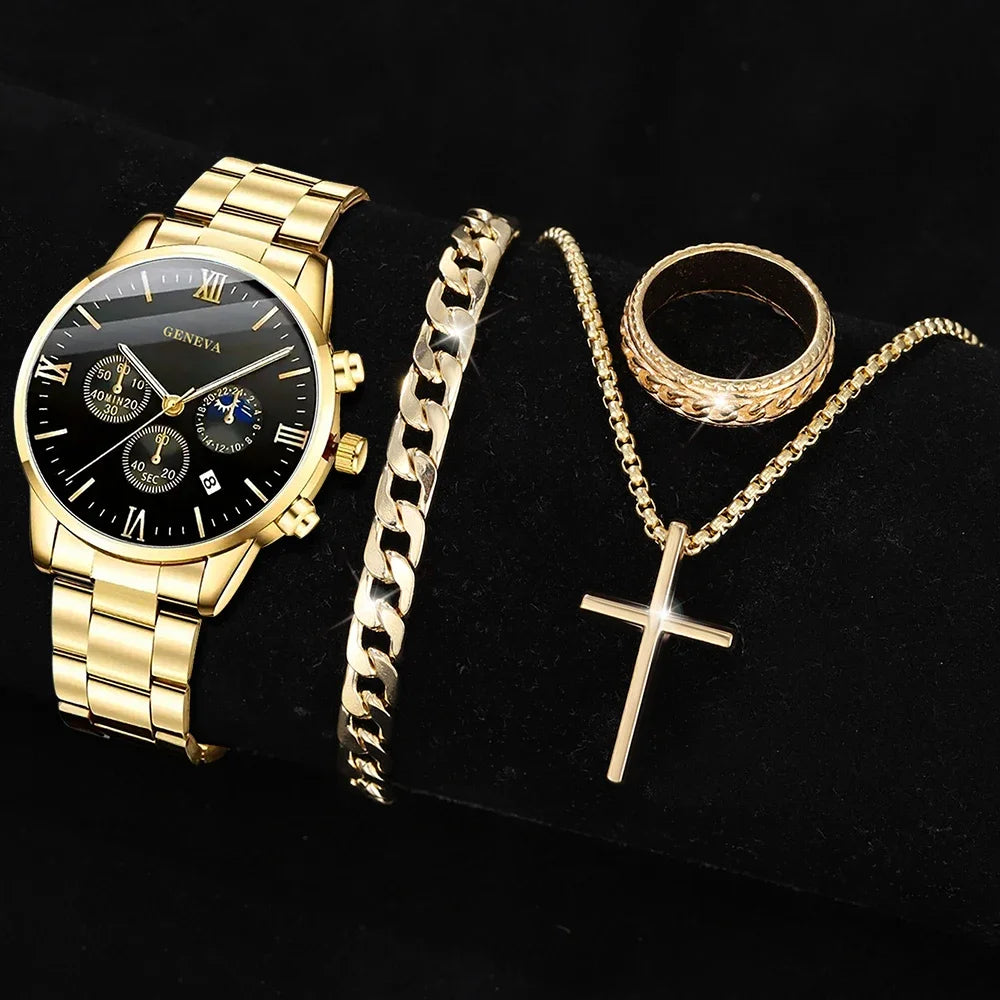 4PCS Men's Watch Set Fashion Trend Business Quartz Watch Cross Pendant Necklace Ring Bracelet Jewelry Set Perfect Gift for Him Qme Gold