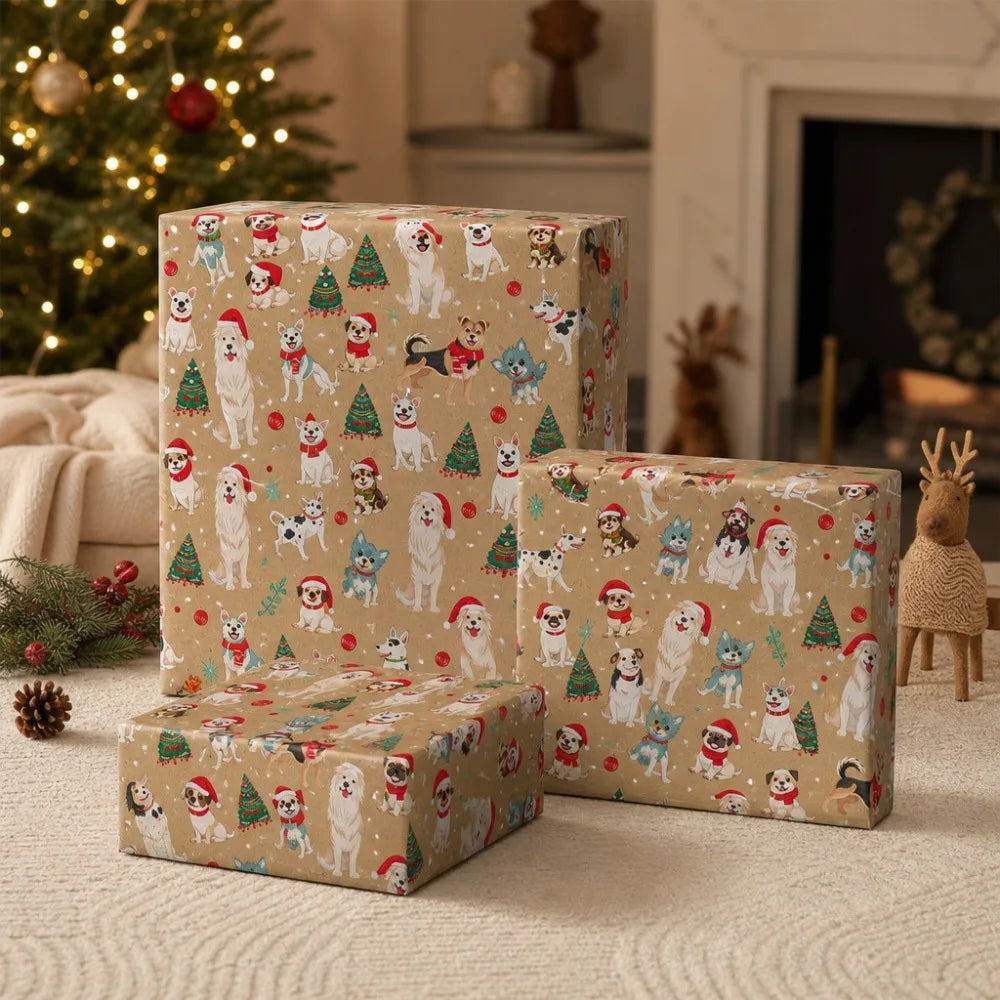 1 Roll of Christmas Gift Wrapping Paper with Cute Dog Patterns Featuring Santa Hats, Scarves, and Christmas Trees, Made of Kraft Qme