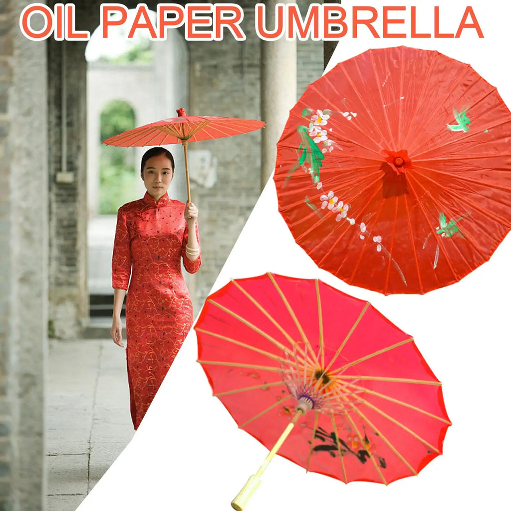 Vintage Chinese Silk Oil Paper Umbrella Red Flower Oil Paper Umbrella Bamboo Handle Wedding Decor Photo Parasol Dance Props Red Qme