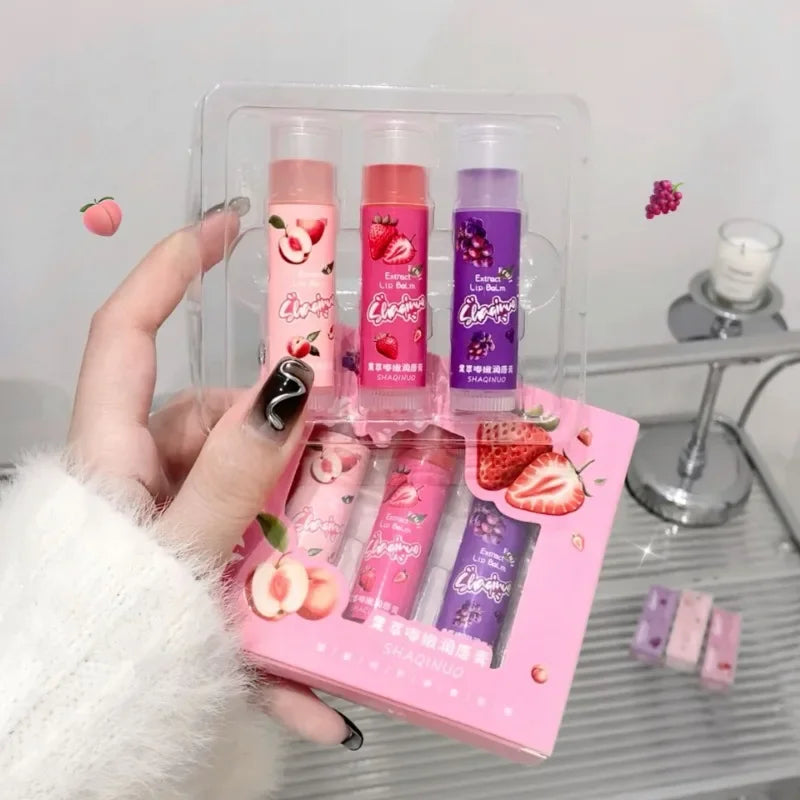 Set of 3Pcs Fruit Extract Lip Balm Jelly Moisturizing Hydrating Lipsticks Watery Gloss Fade LipLines Lip Care Tinted Lip Pomade Qme Set 3pcs 01-02-03
