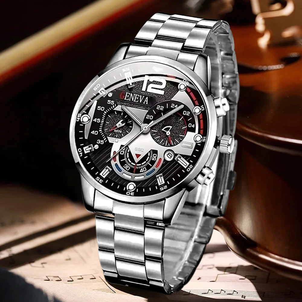 4Pcs Mixed Style Geneva Men Chronograph Watch Set Alloy Metal & Leather Strap Black Roman Dial Quartz Wristwatch Qme