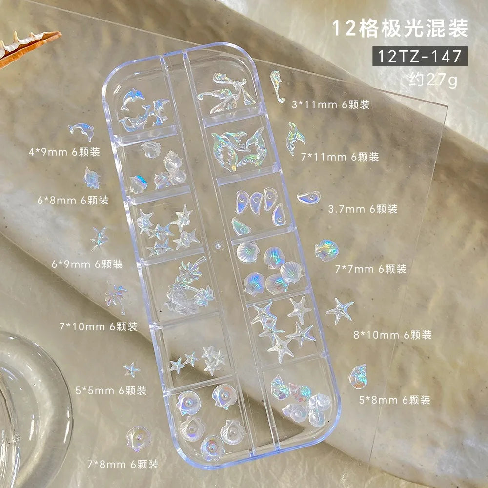 Mixed Aurora Shell Nail Charms Ocean Series Starfish Conch Coconut Tree Resin Nail Art Decorations DIY Manicure Accessories Qme E 12 Grids