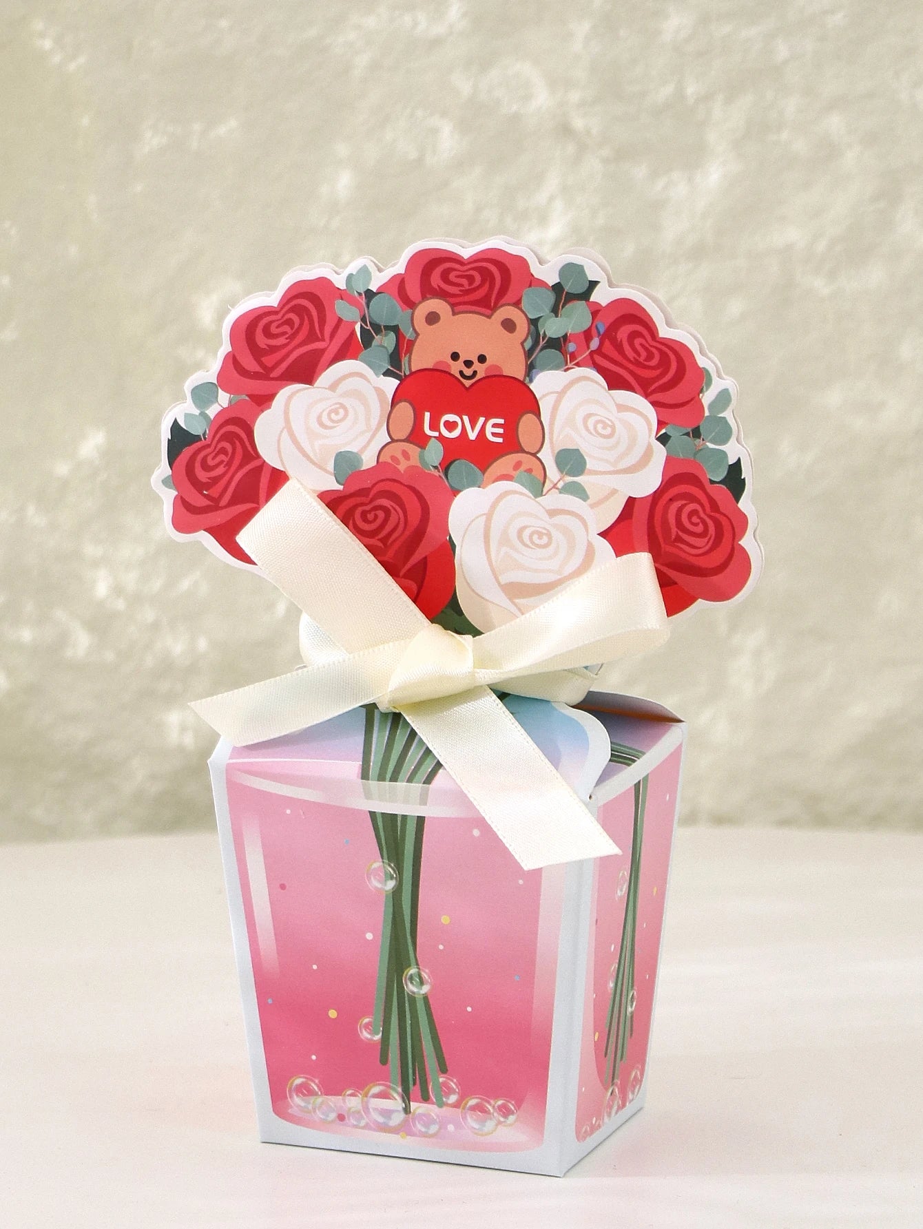 10 Creative 3D Tulip Bouquet Gift Boxes, Romantic Rose Teddy Bear Bouquet Gift Boxes, Hand-Painted Transparent Vases Decorated with Fish-Shaped Patterns, Paired with Off-White Satin Ribbon Bows, Holiday Party Tabletop Decorat Qme Mgh-10Pcs