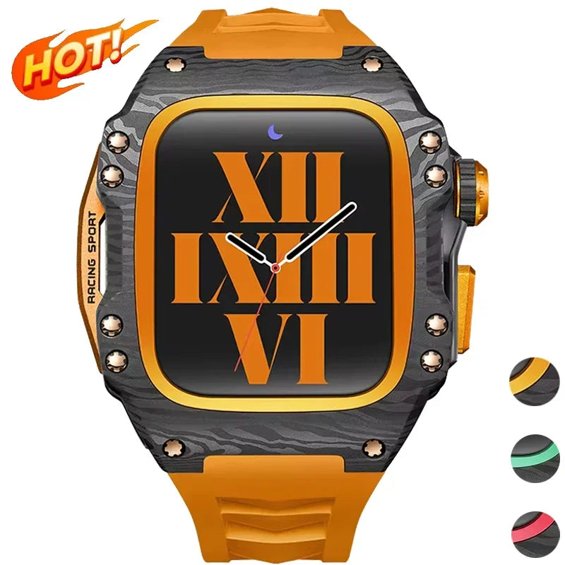 Modified Carbon Fiber Protective waterproof Case with Band strap Black metal bezel for iWatch Apple Watch series 7 8 9 44mm 45mm Qme