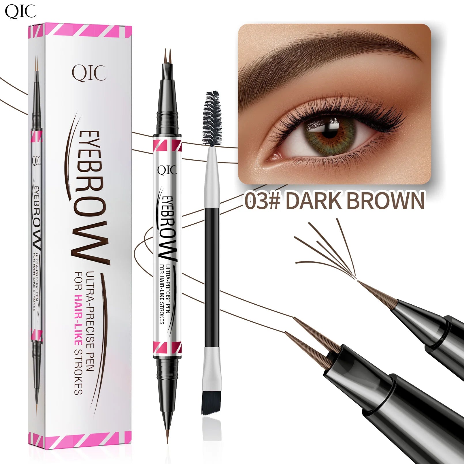 Waterproof Eyebrow Pencil with Micro Blade Tip & Brush Ended Liquid Brow Marker, Quick-Dry Non-Smudge Formula, Sweatproof Qme Q712-3