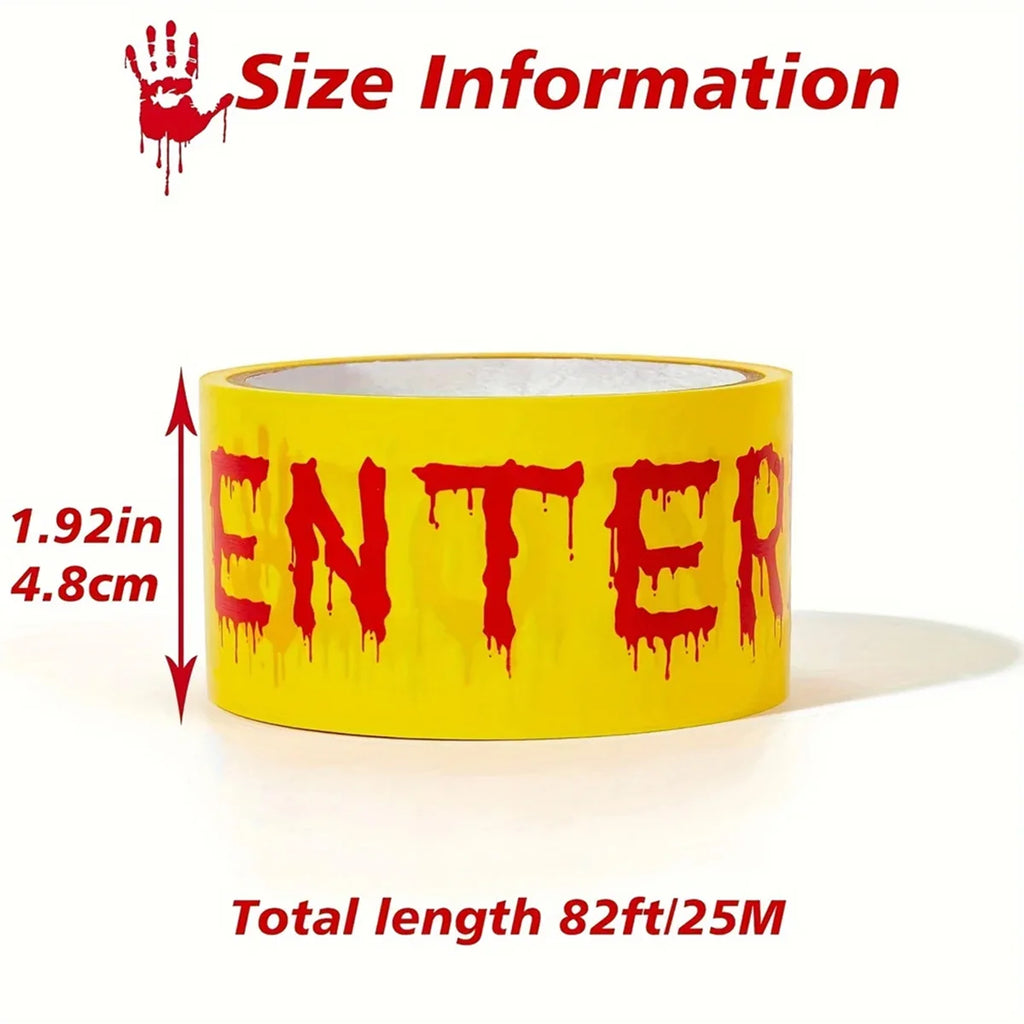 Halloween Caution Tape with Bloody Handprints - 82ft Plastic Warning Ribbon for Horror Theme Party Decoration, Barrier Qme