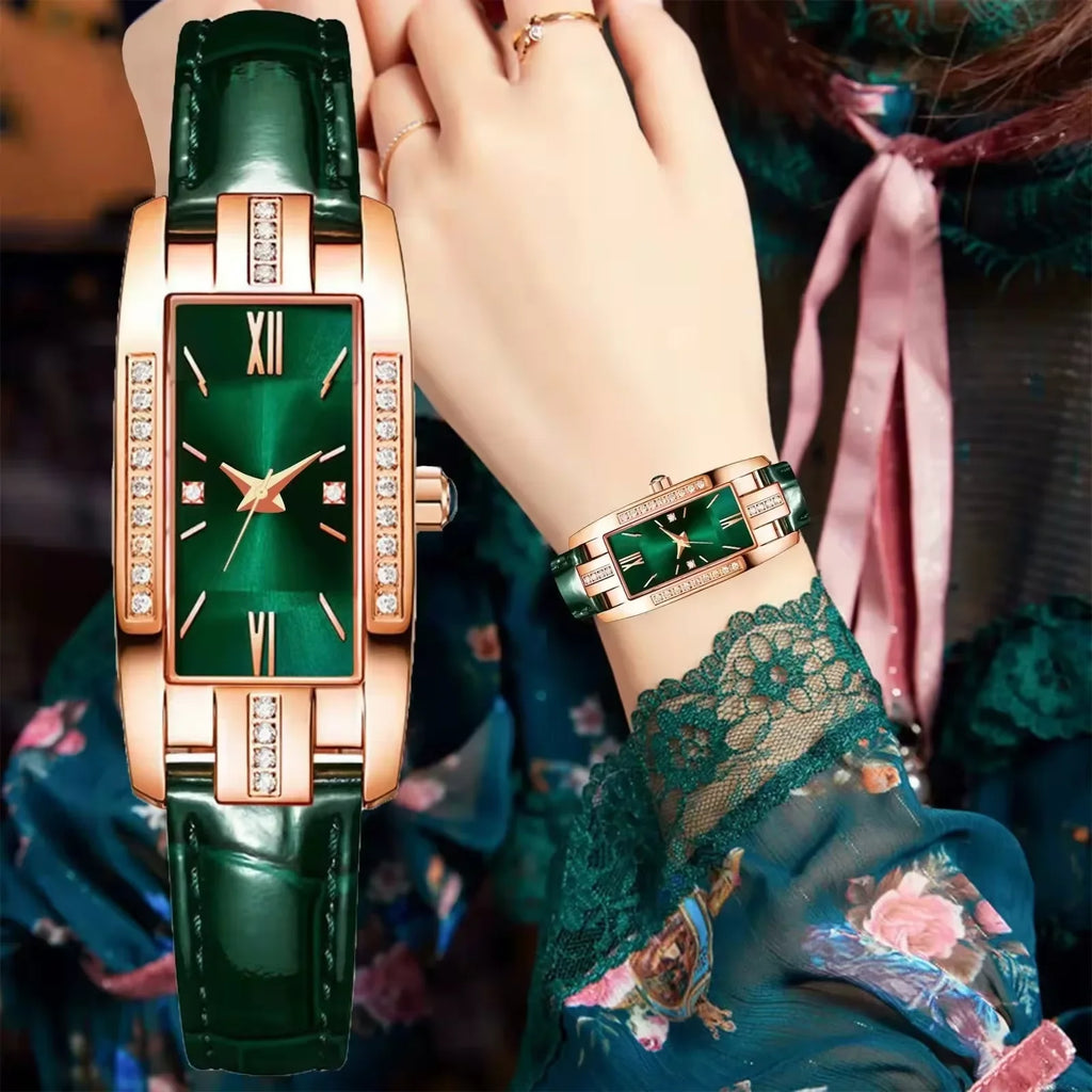 WOKAI high quality classic retro women's belt quartz square green quartz watch Student women's wear clock luxury style Qme Other No
