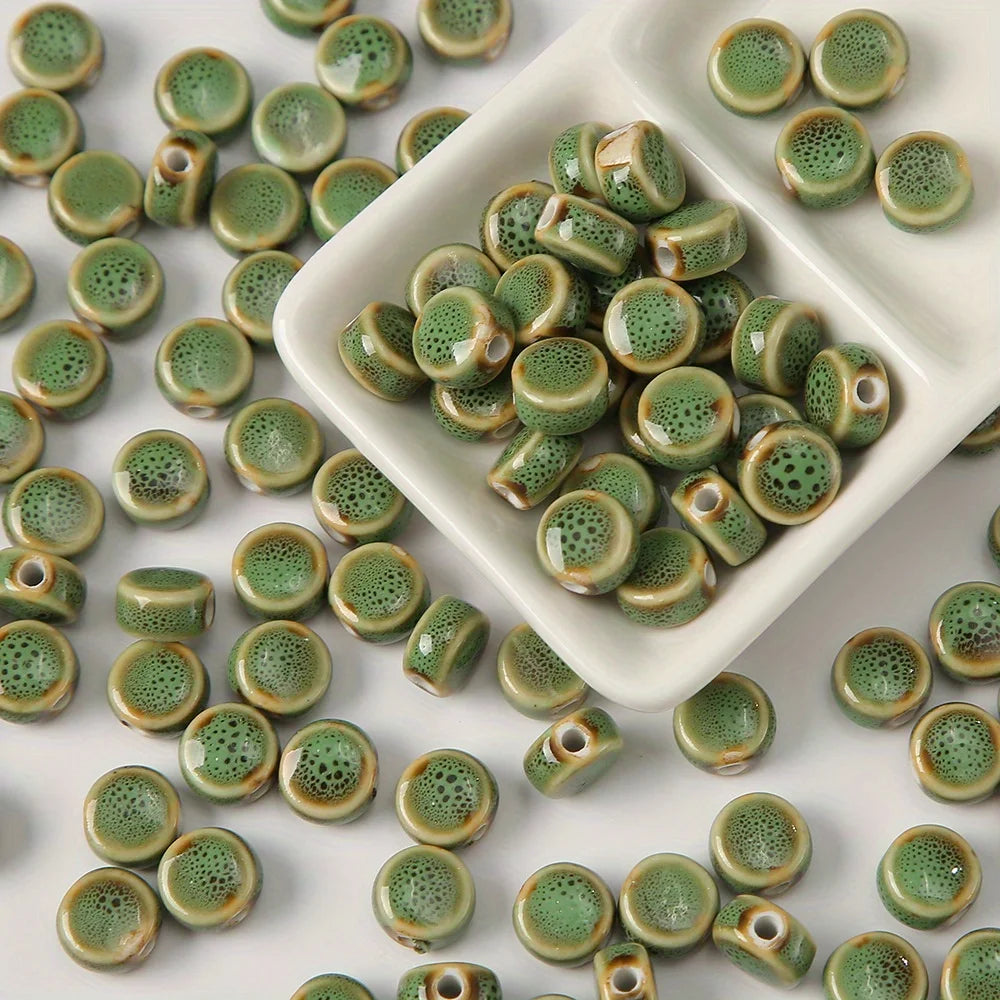 11pcs Ceramic Flat Beads Vintage Chinese-Inspired Floral Glaze Beads for Jewelry Making, Bracelet & Necklace Crafting Supplies Qme