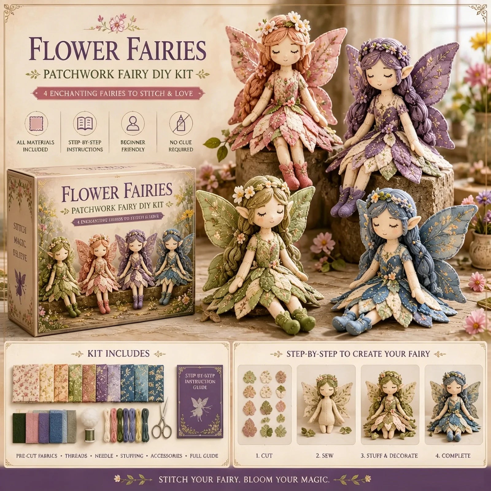 4Pcs Fairy Patchwork DIY Collection Handmade Make Winged Fairies Cloth Figurine Fairy Patchwork Sewing Kit Gift for Craft Lovers Qme