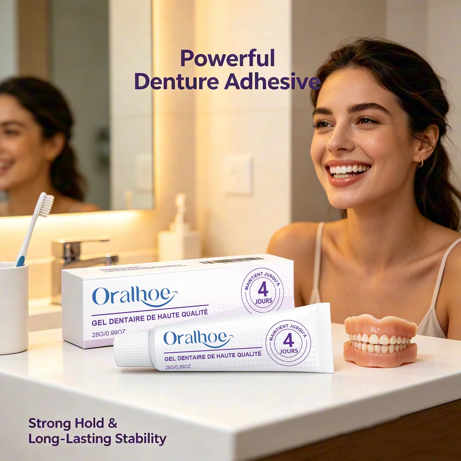 Oralhoe Denture Adhesive Long Lasting Fixation Denture Glue for False Teeth Denture Care Comfortable Portable Denture Fixing Gel Qme