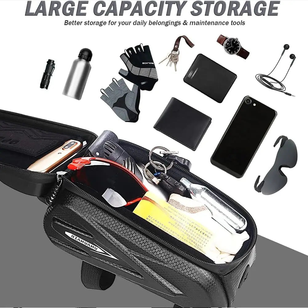 Bike Frame Bag Phone Mount Waterproof Top Tube Bag Bicycle Accessories Touch Screen Front Bike Pouch Fits Phone Under 7.2 Qme