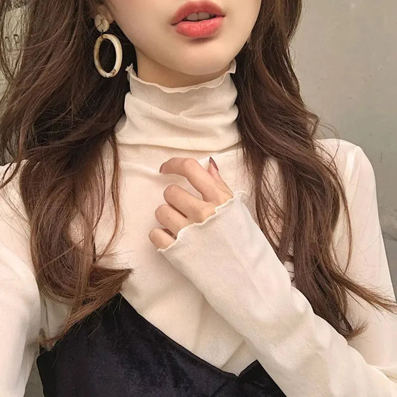 Floral Lace Shirt Spring Autumn Long Sleeve Sexy Mesh Bottoming Shirts Ladies Solid Turtleneck Silk T-Shirt Lace Crop Top Qme