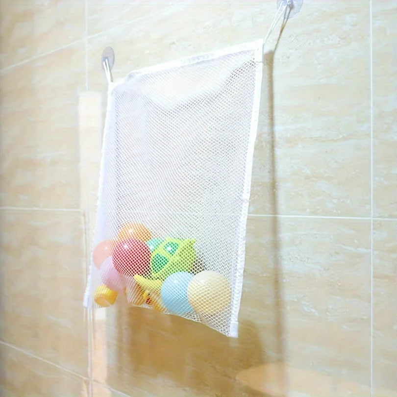 1pc white bathtub toy storage bag with powerful suction cups and mesh mesh-bathroom hanging bag Qme