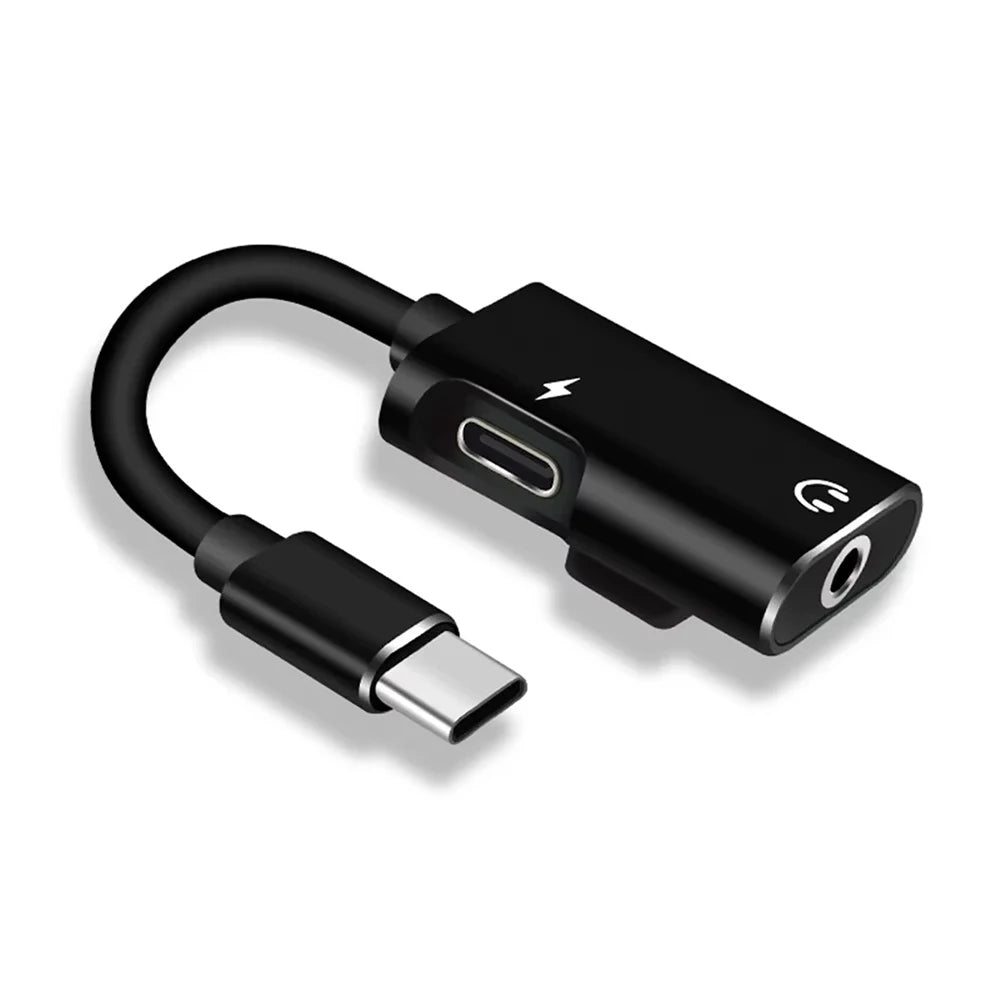 2 In 1 Dualport Dispense Type C To 3.5mm Jack Adapter Type C Audio Splitter Headphone Cable Earphone Adapter Charger Accessories Qme Black