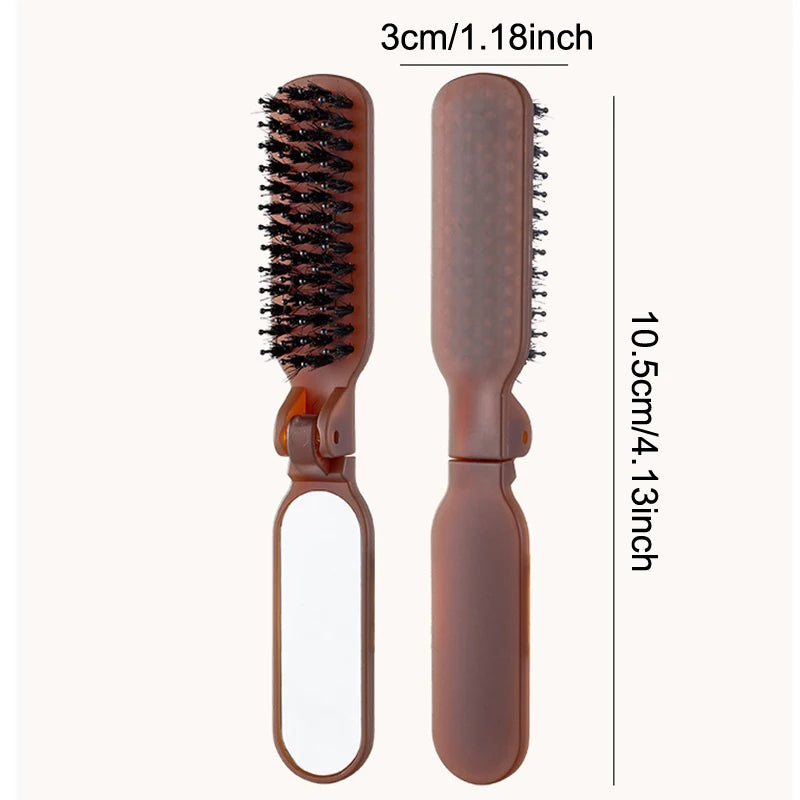 Mane Bristle Hair Brush Foldable Portable Comb Mirror Pocket Qme