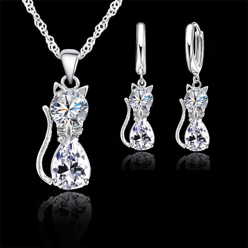 Real 925 Sterling Silver Color Jewelry Sets for Woman Girls Shining Austrian Crystal Cute Cat Pendant Necklace Huggie Earring Qme