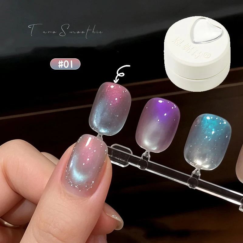 New Cat Eye Nail Gel Polish Set, Taro Purple Milky Shimmer, Magnetic Aurora Glass Bead Effect, Long Lasting Soak Off UV LED Gel Qme 01