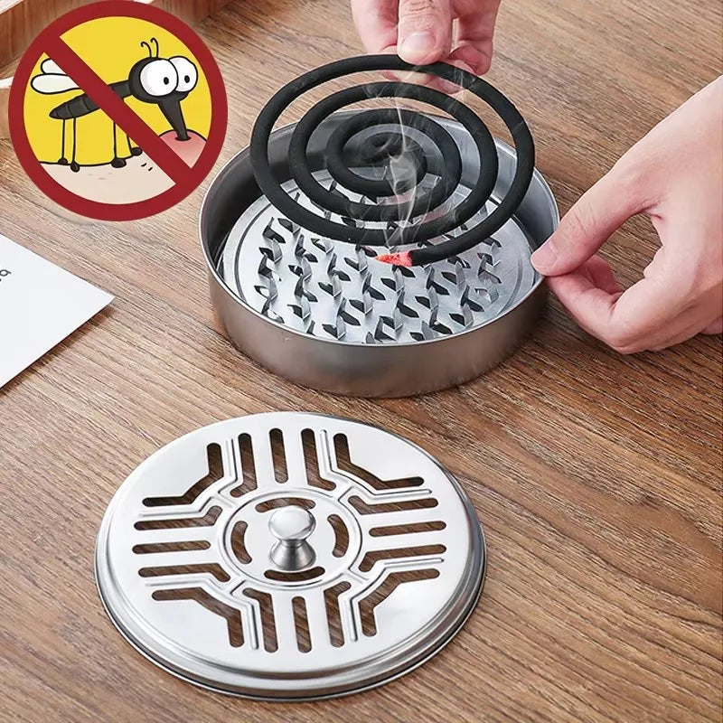 Mosquito Coils Holder Stainless Steel Mosquito Coil Box with Cover Round Mosquito Coil Tray Easy To Clean Anti-Mosquito Supplies Qme