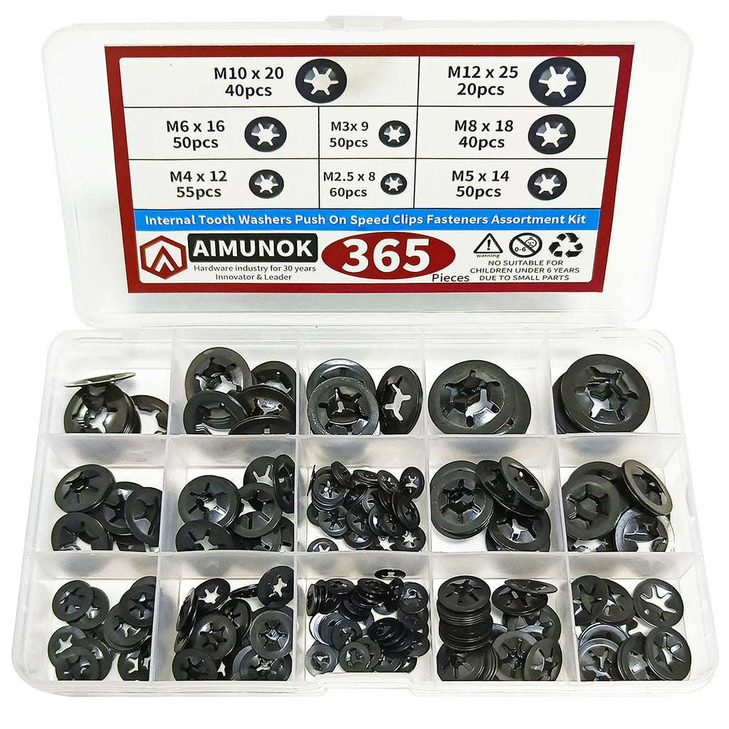Internal tooth star lock washer, push-in quick locking fastener classification kit, decorative star-shaped lock washer Qme 365PCS black