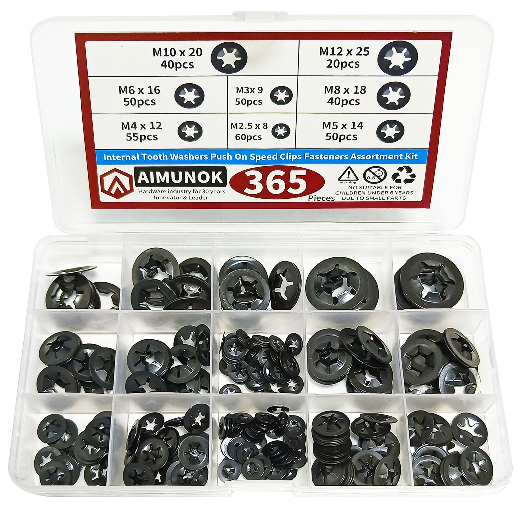Internal tooth star lock washer, push-in quick locking fastener classification kit, decorative star-shaped lock washer Qme 365PCS black