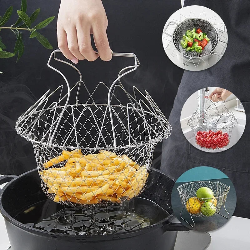 Multifunction Foldable Steam Rinse Strain Fry French Chef Basket Qme