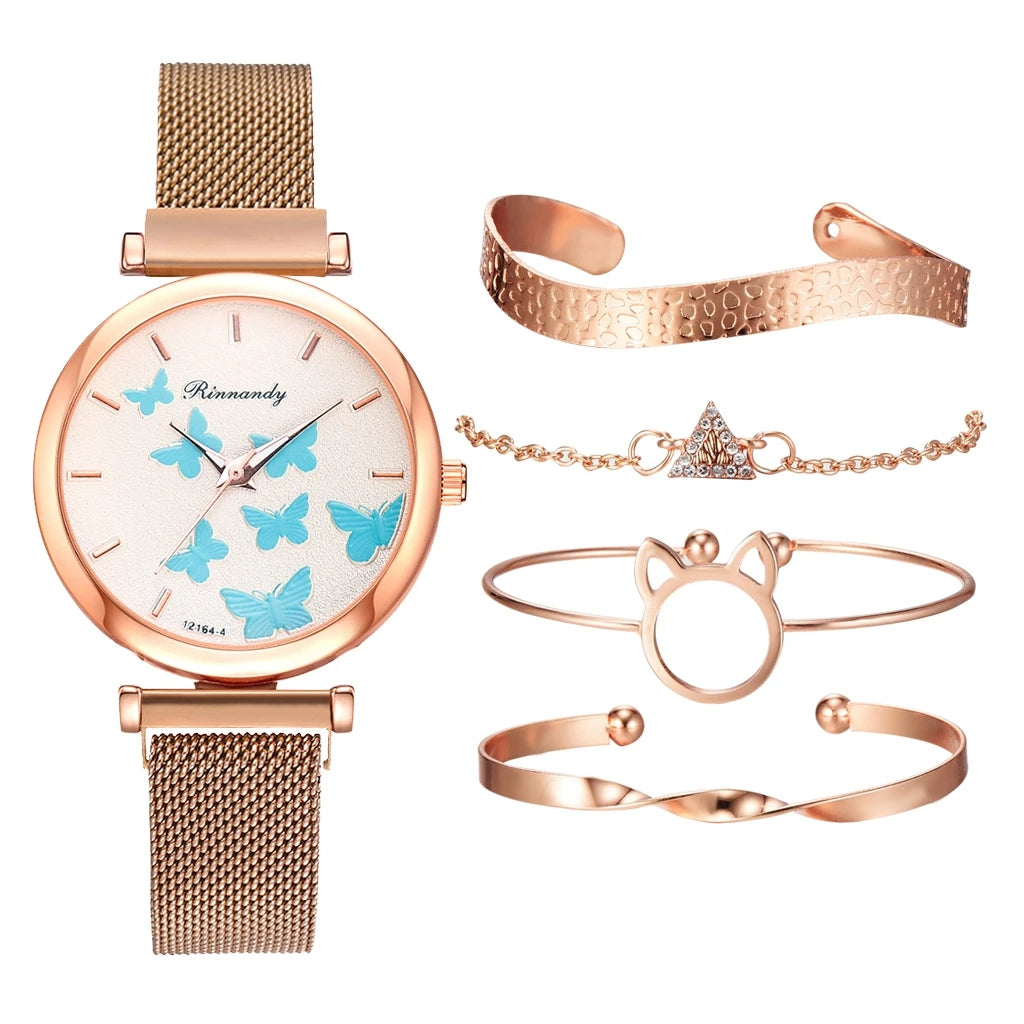 5PCS Bracelet Watches Set Fashion Women Rose Gold Mesh Belt Wristwatches Quartz Watch for Women Business Clock Relogio Feminino Qme H2-RGSB-RG