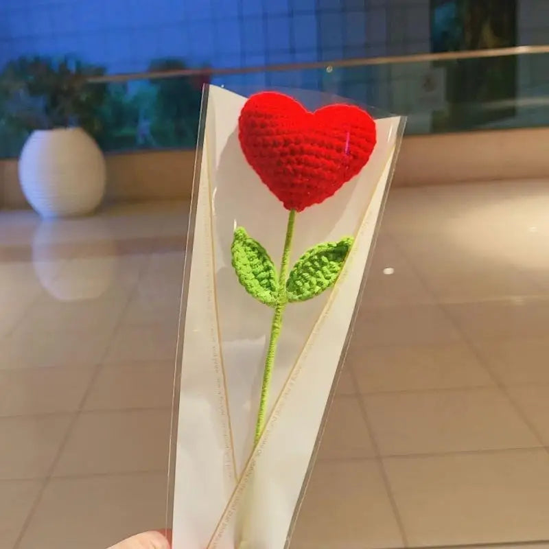 Handmade Crochet Heart Bouquet Yarn Love Flowers Green Stems Romantic Qme A2