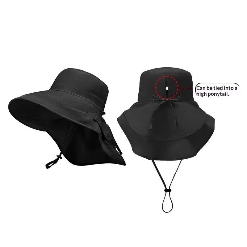 Solid Wide Brim Sun Hat Korean Neck Cover Protection Adjustable Women Qme 1 Black One Size