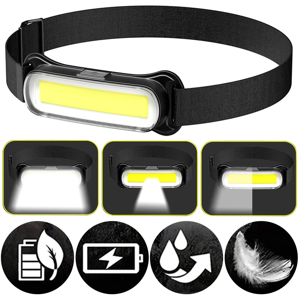USB Rechargeable LED Headlamp 3 Modes Flashlight Waterproof Head Light Adjustable Headband for Camping Fishing Running Biking Qme