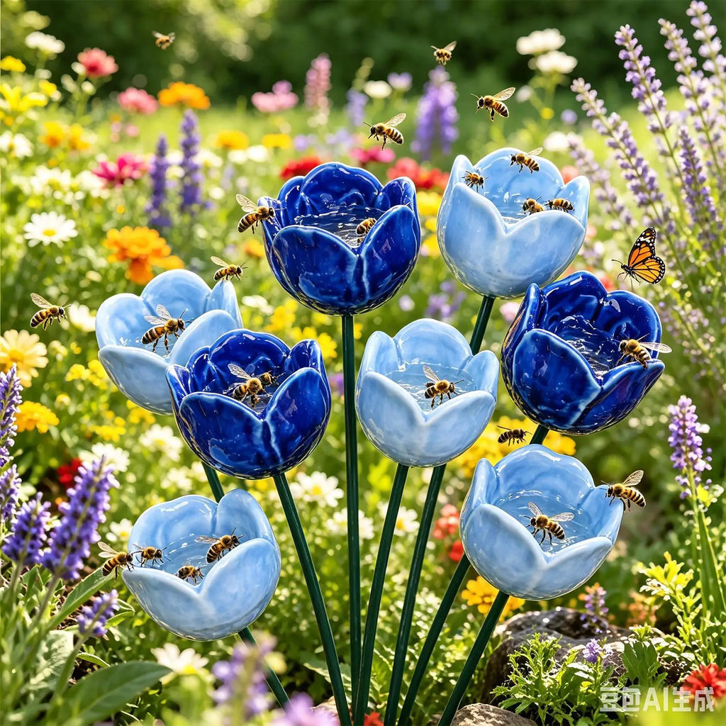 Bee Water Station Flower Garden Stake with Bee Bath Bird Water Bowl Decorative Outdoor Yard Art, Pollinator Watering Station Qme